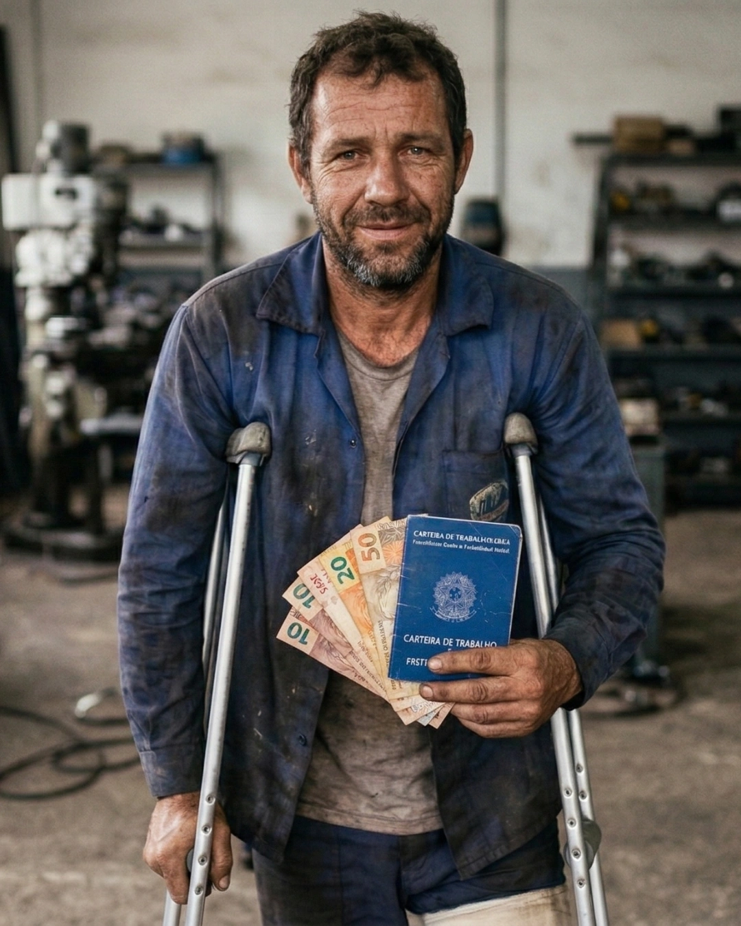 Trabalhador com muletas após acidente de trabalho